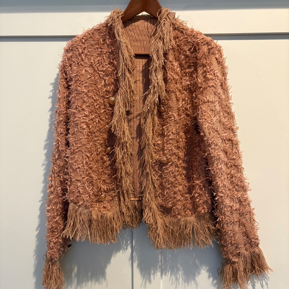 Chic Textured Fringe‎ Jacket Small Gold Crest Buttons Shaggy Monster Jackie O